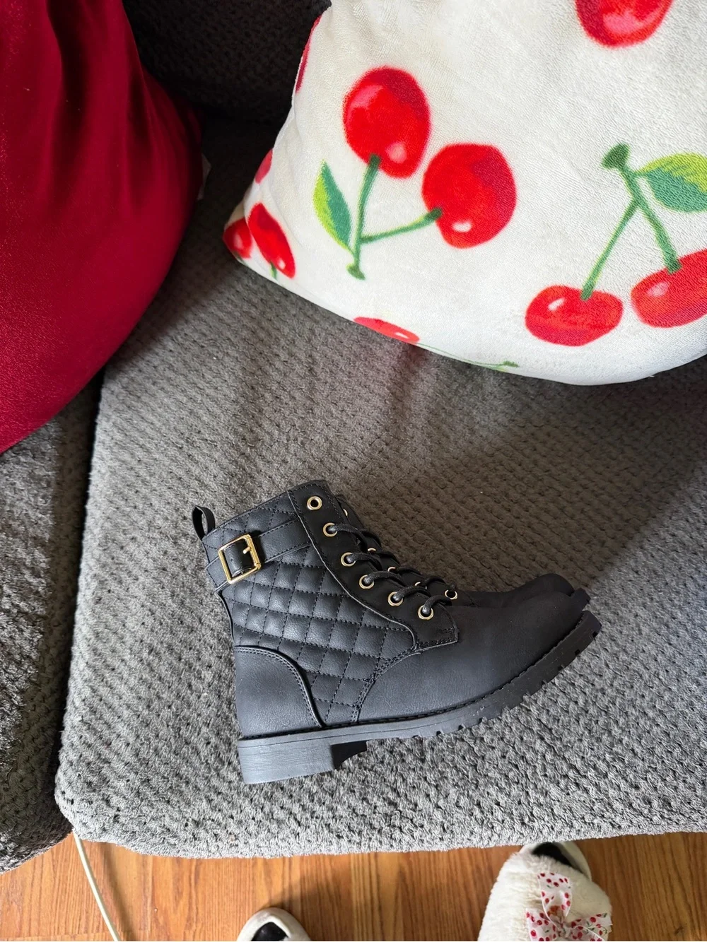 The Children's Place Black Quilted Combat Boots with Gold Buckle